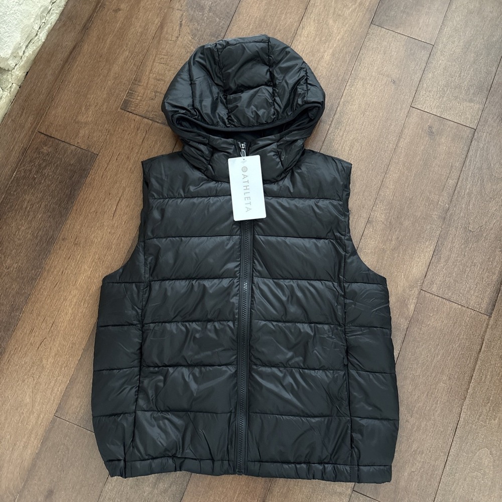 Athleta Aire Puffer Vest Womens S Black Hooded Lightweight Packable New $125 - Picture 11 of 16